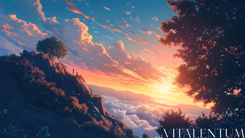 Sunset sky over cliffside viewpoint above clouds.