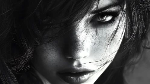 Intense freckled gaze cuts through monochrome shadows and light