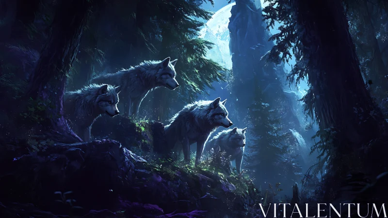 Moonlit wolf pack surveys an enchanted, misty forest realm.