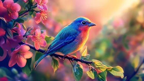Vibrant blue and orange songbird on flowering branch, digital art.