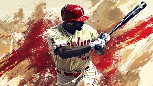 Baseball slugger poised to swing amid dynamic paint streaks.