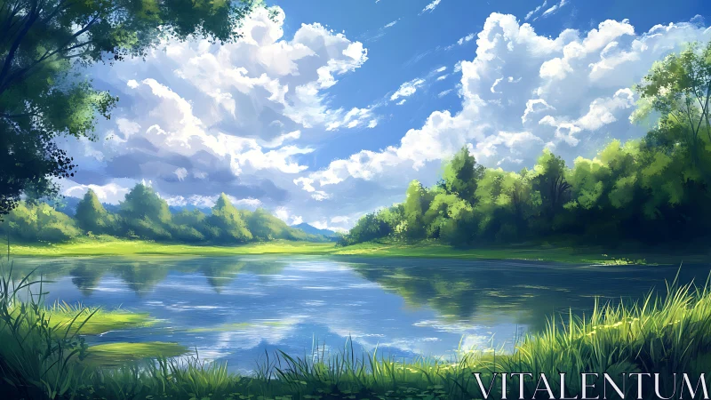 Sky-drenched forest lake dreamt in luminous summer stillness.