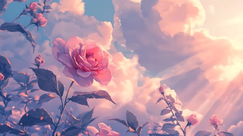 Sunlit pink rose blooms rise against glowing cloud sky