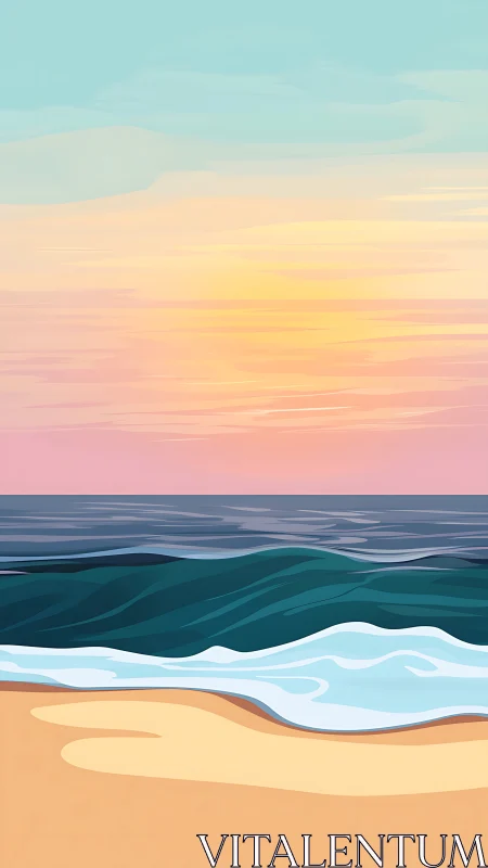 Layered vector seascape depicts stylized sunset over rolling surf