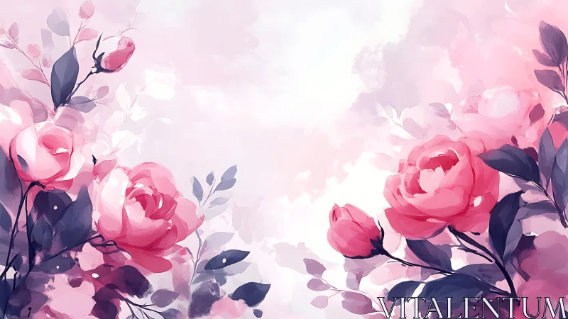 Romantic Pink Peonies with Dark Navy Foliage in Soft Watercolor Gradient Composition