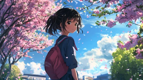 Schoolgirl walks under radiant spring cherry blossoms.