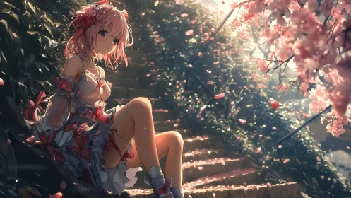 Pink haired anime girl on garden steps under blossoms.
