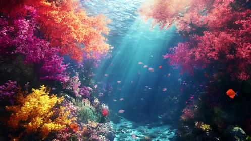 Prismatic coral forest under sunlit sapphire waters.