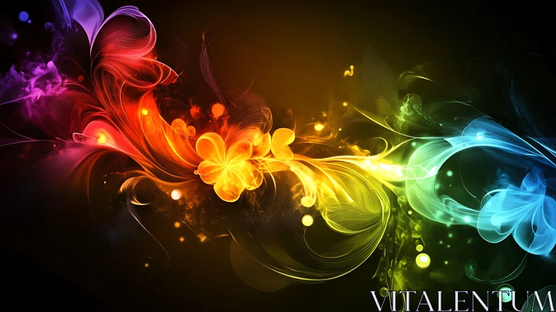 Chromatic flower storms swirl across a luminous void