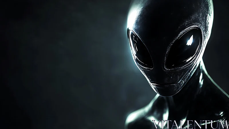 Alien figure with reflective skin stands in dramatic lighting