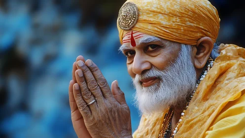 Gentle elder in golden attire offers a warm, peaceful greeting