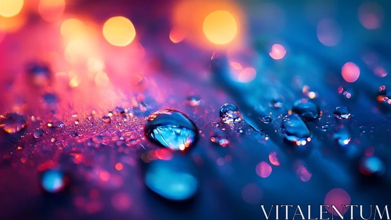 Neon-lit water droplets on textured surface in macro focus.
