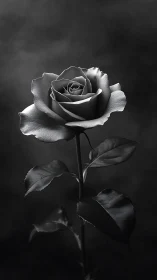 Rose photographed in monochrome against dark backdrop.