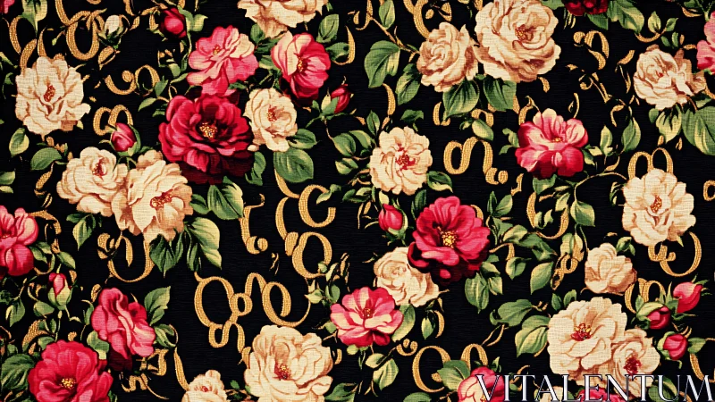 Floral textile surface with roses and looping gold accents.