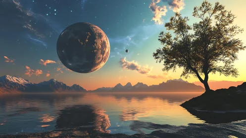 Alien moon over tranquil lake at vivid sunset sky.