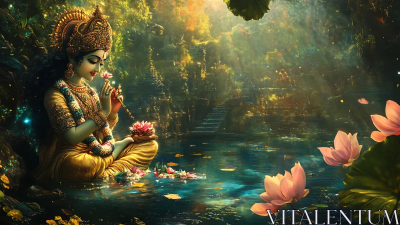 Divine goddess in jeweled robes beside a glowing lotus pool.
