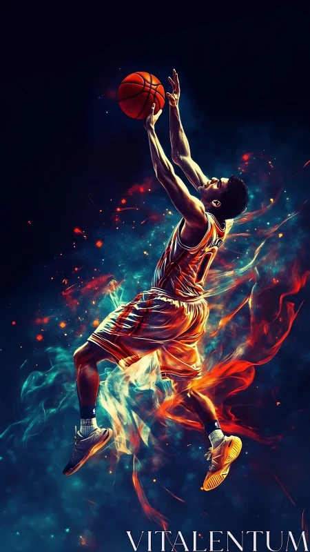 Basketball player rises toward hoop amid stylized light trails