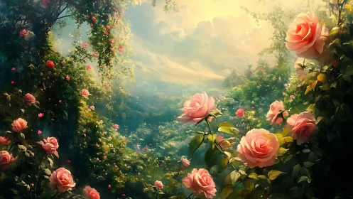 Rose-covered garden landscape under diffuse warm light.