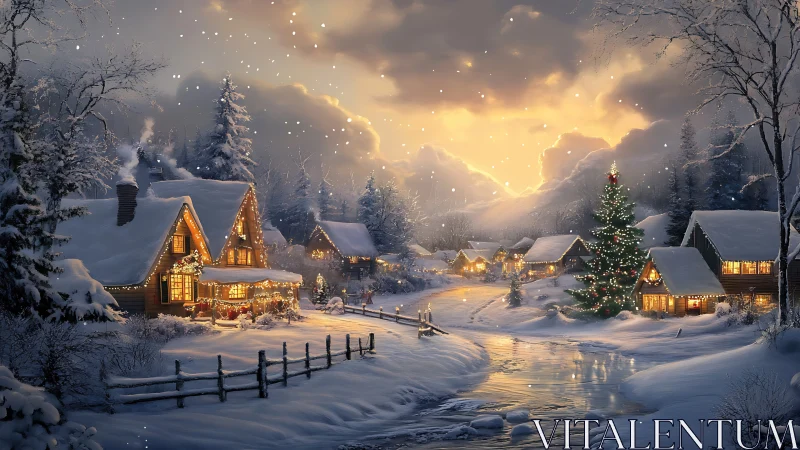 Snowlit holiday village glows beneath a storybook winter sky.