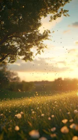 Golden meadow and tree in warm sunset backlighting scene.