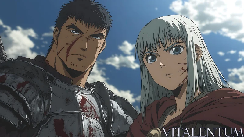 Battle-worn anime warriors rendered with dramatic sky lighting