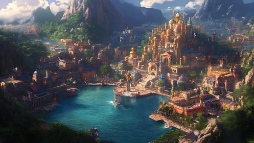 Sunlit Sapphire Harbor City crowned by golden hilltop palace.