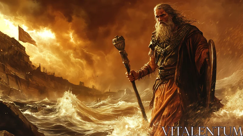Storm god strides through crashing sea before burning citadel