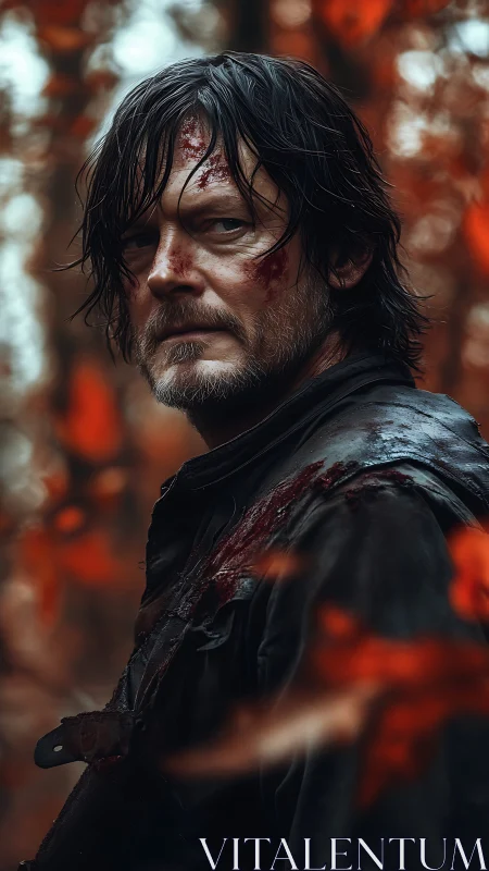 Bloodied survivor in autumn forest, high-contrast portrait study.