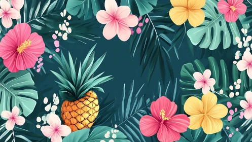 Tropical illustration combines pineapple, pink flowers, and foliage.