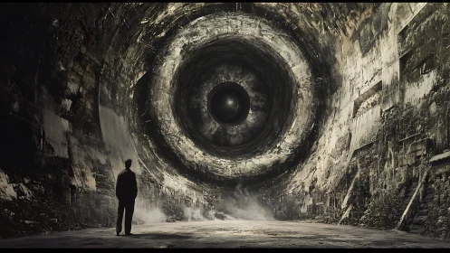 Solitary figure before vast industrial eye tunnel.