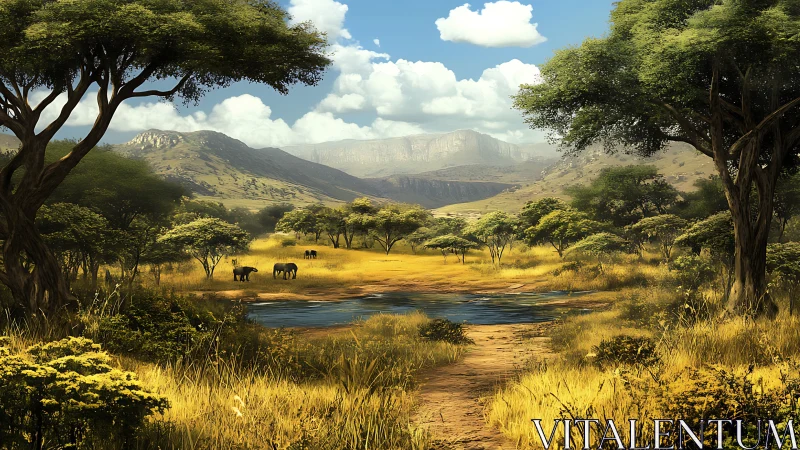 Golden African Valley with Elephants and Mountain Vista Landscape