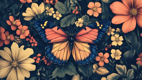 Central butterfly rests on dense floral arrangement