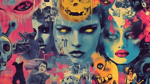 Neon nightmare collage of haunted faces and electric fear.