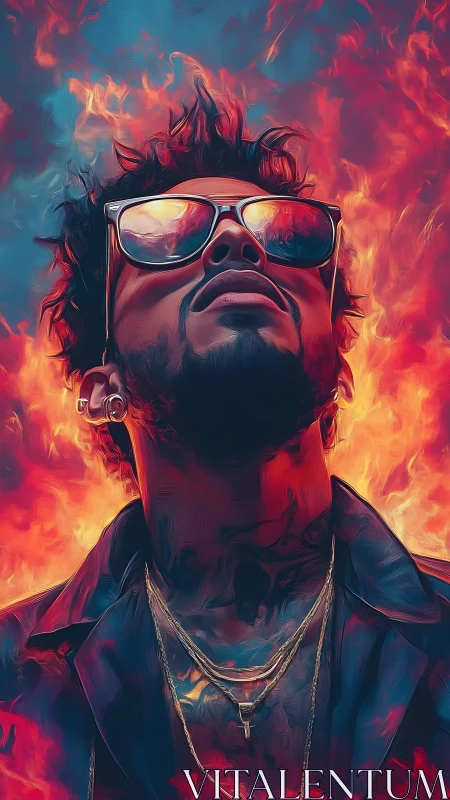 Chromatic portrait amid simulated flame dynamics and glare optics.