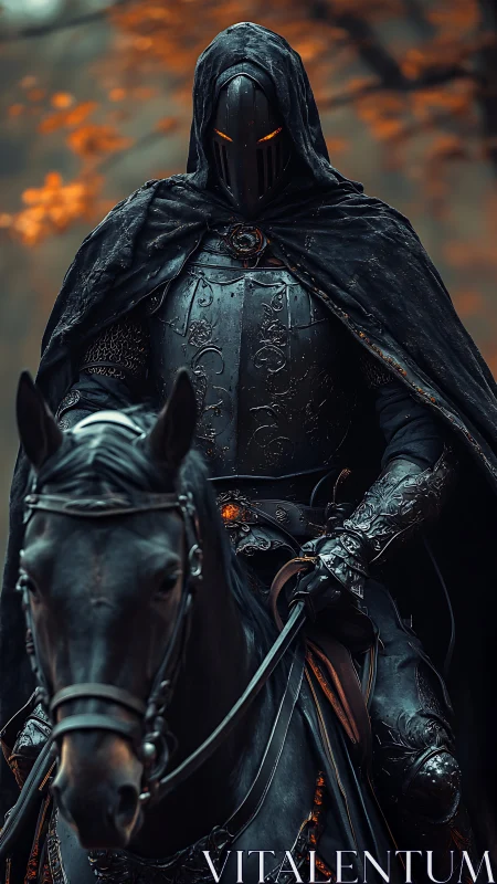 Shadowforged rider quietly patrols the ember-tinted forest