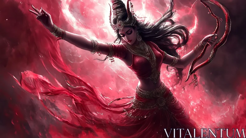 Storm-dancing warrior goddess crowned in crimson fire.