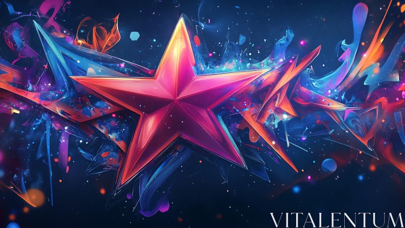 Vibrant neon star bursts across a swirling cosmic sky