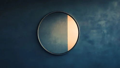 Circular wall mirror reflects warm light on moody blue wall