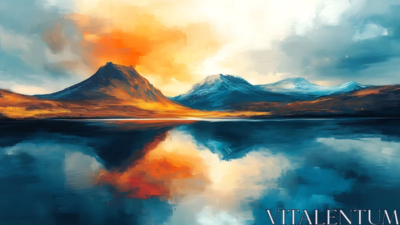 Radiant mountains glow above a tranquil reflective lake at dusk