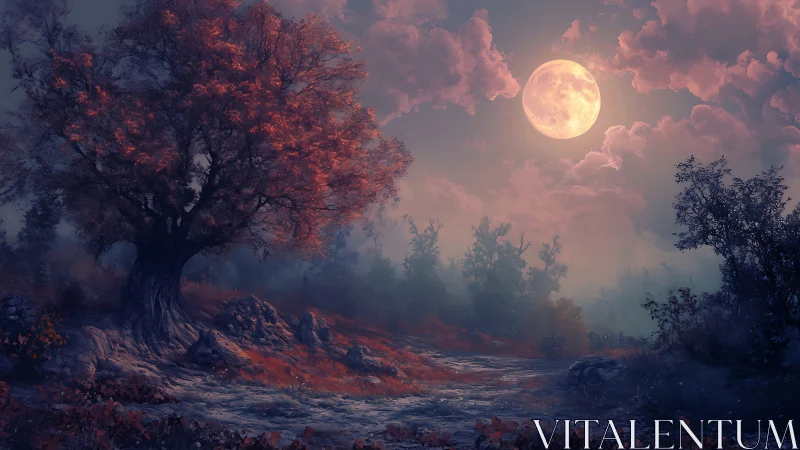 Moonlit woodland path with large autumn tree and clouds.