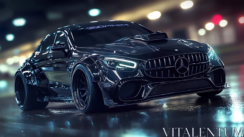 Sleek black Mercedes AMG glows under neon city lights.