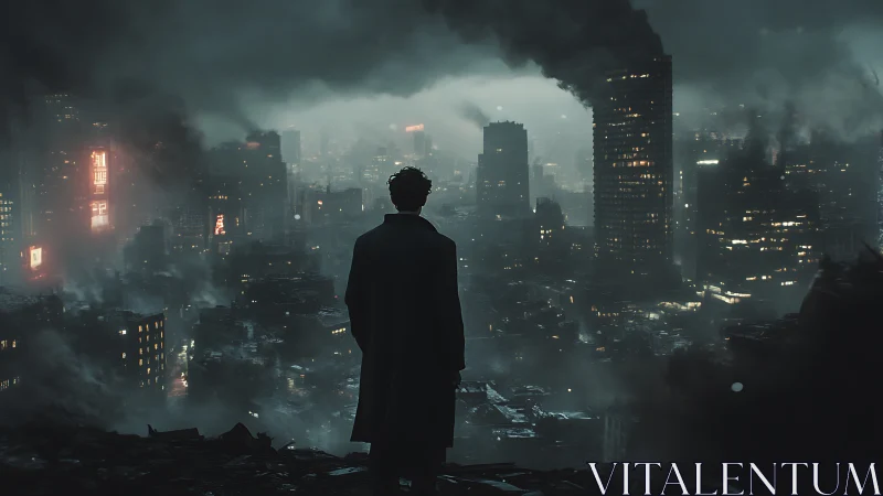 Lone figure surveys ruined cyberpunk city under smoke-heavy sky