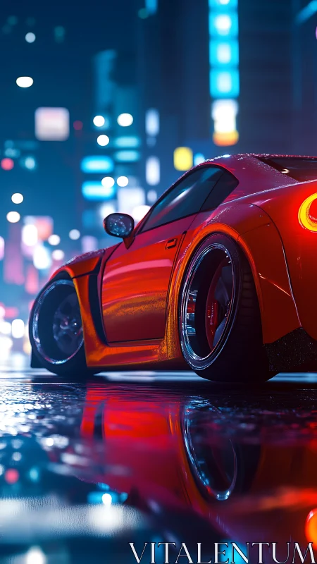 Red sports coupe in wet neon-lit urban street at night.