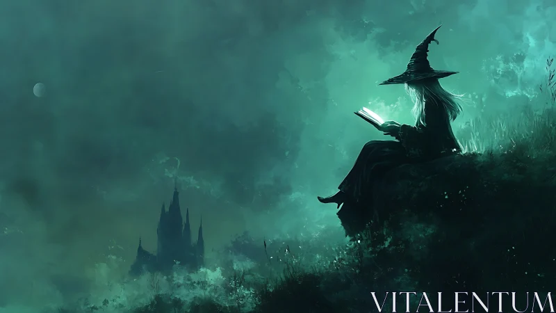 Solitary witch reading by moonlit misty cliffside night.