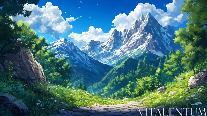 Sunlit mountain valley path leading into peaceful blue skies.