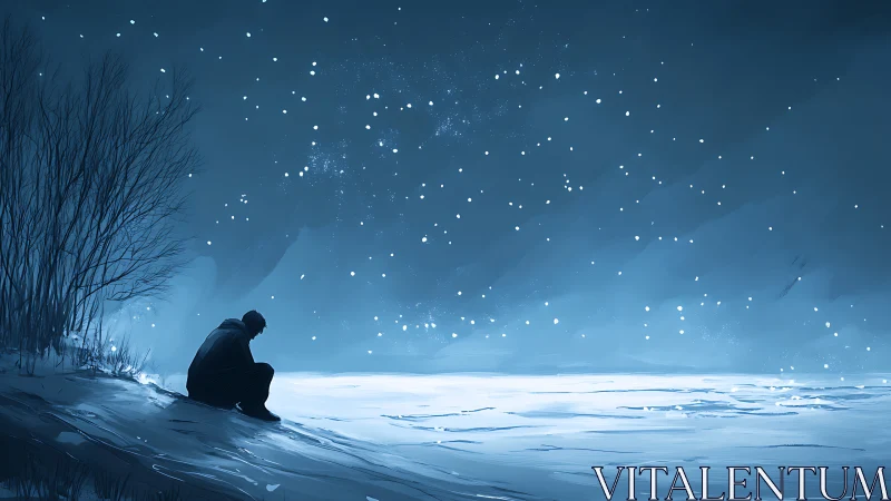 Solitary figure on snowy shore under cold starry sky.