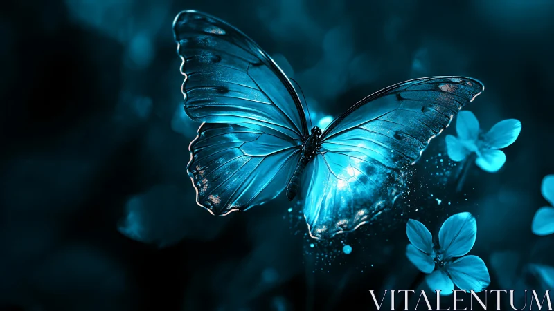 Luminous blue butterfly hovers in a dreamy nocturnal bloom