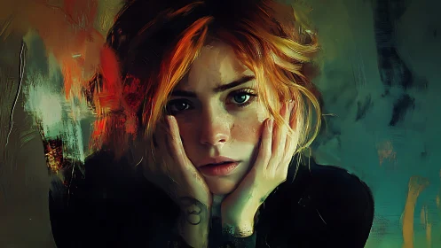 Brooding portrait of red‑haired woman in moody brushwork.