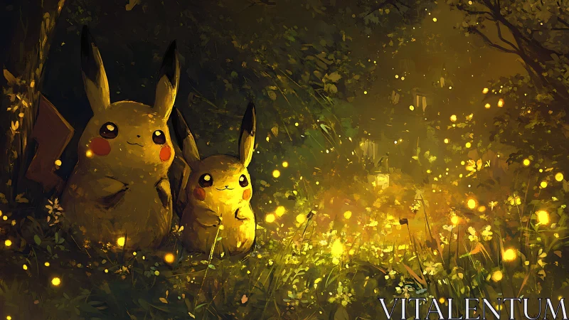 Two electric creatures watch glowing lights in dense forest