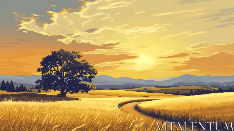 Golden field landscape portrays winding path under sunset sky